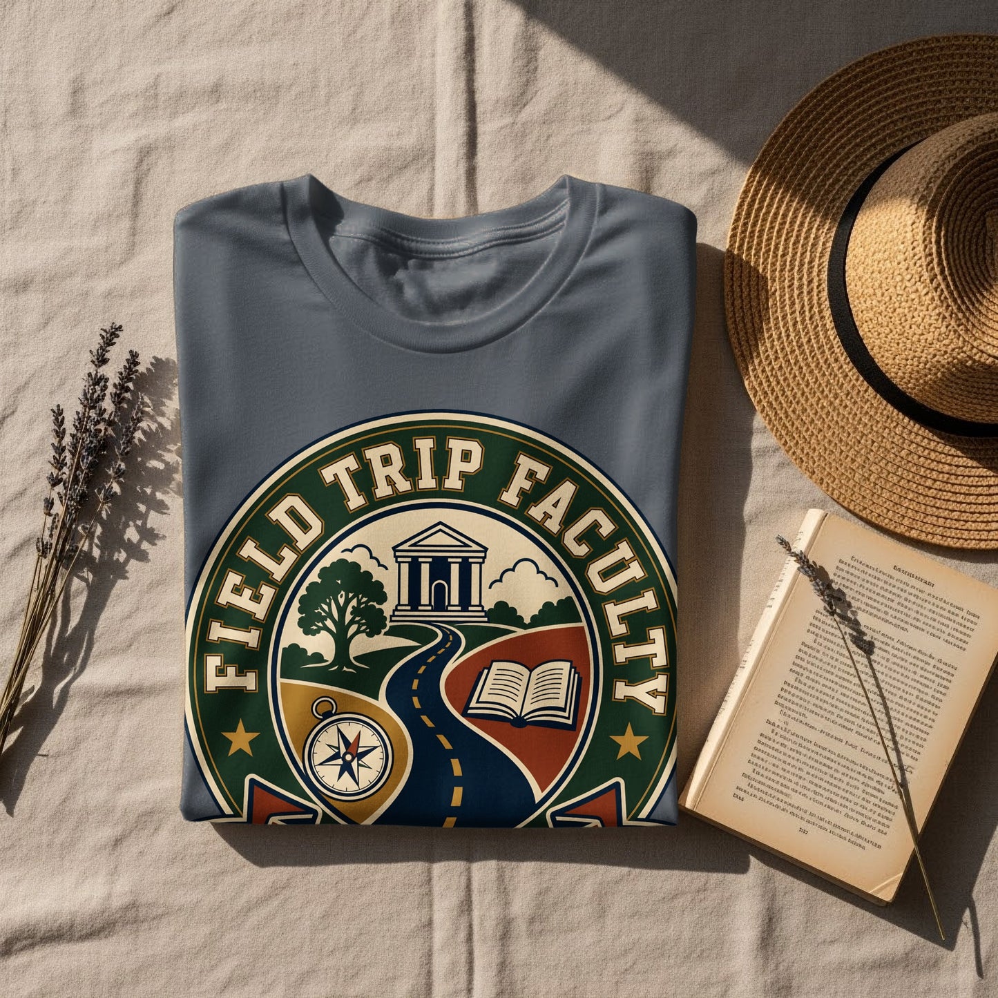 Blue t-shirt with "Field Trip Faculty" emblem featuring a road, book, compass, and building.