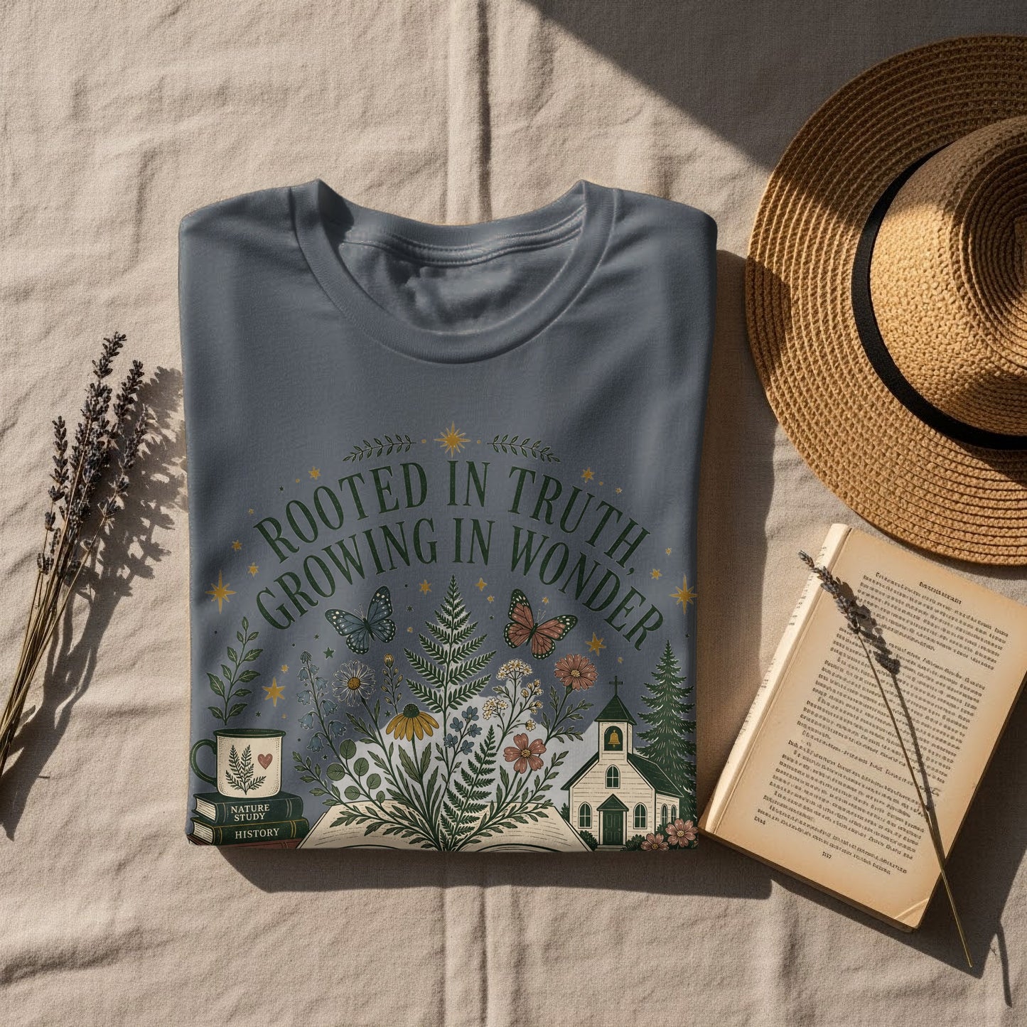 T-shirt with "Rooted in Truth, Growing in Wonder" text, garden, and church graphic.