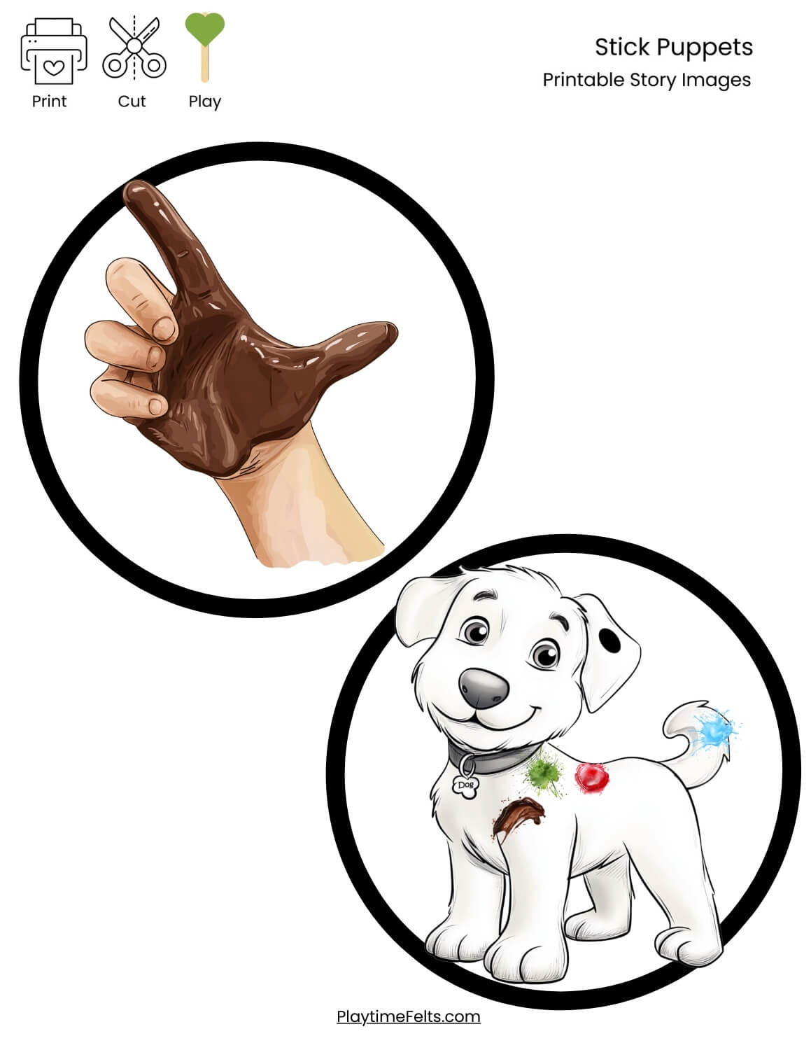 Dog’s Colorful Day activity printables showing mid-story moments as Dog encounters different colorful messes.