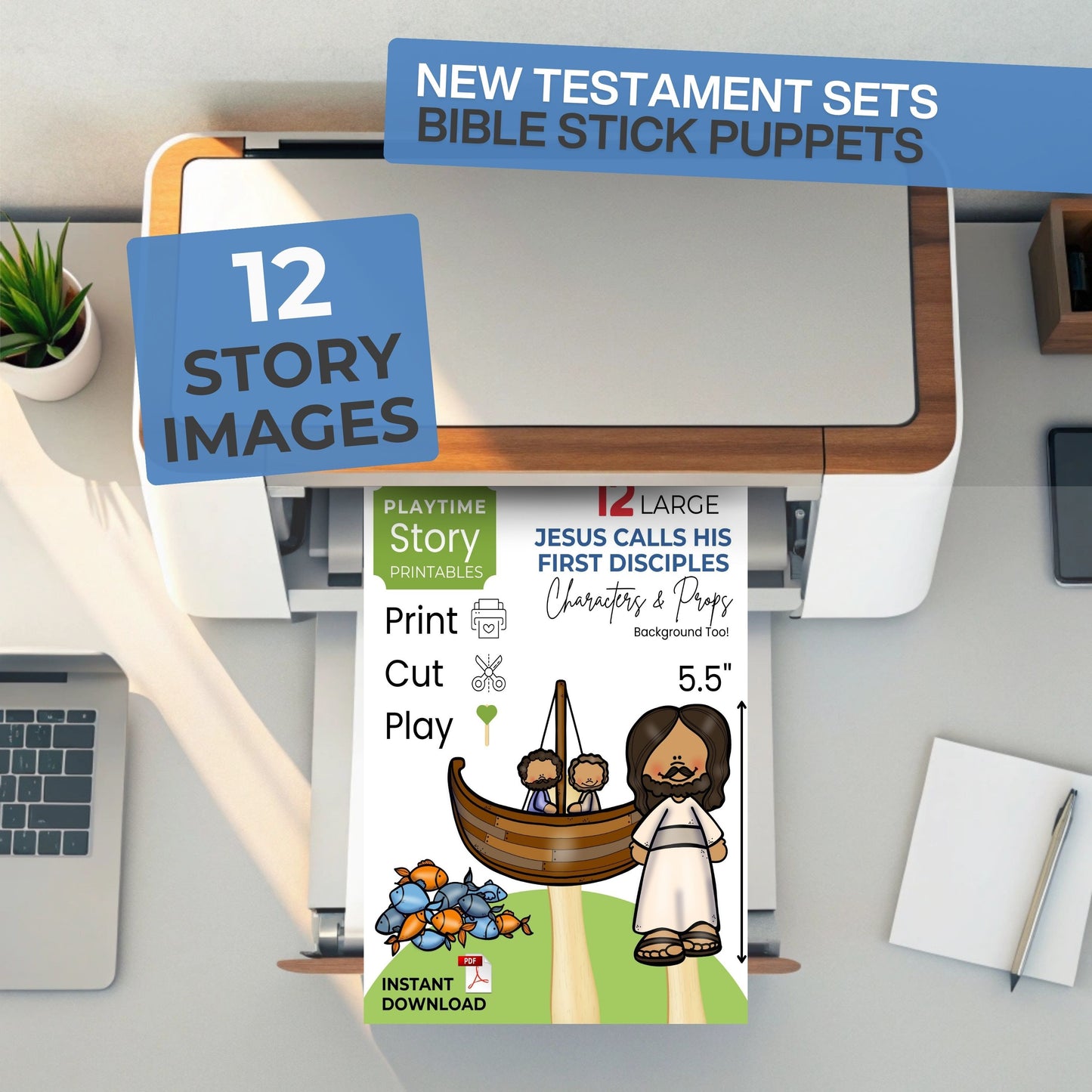 Bible stick puppets set with Jesus calling disciples illustration on a desk.