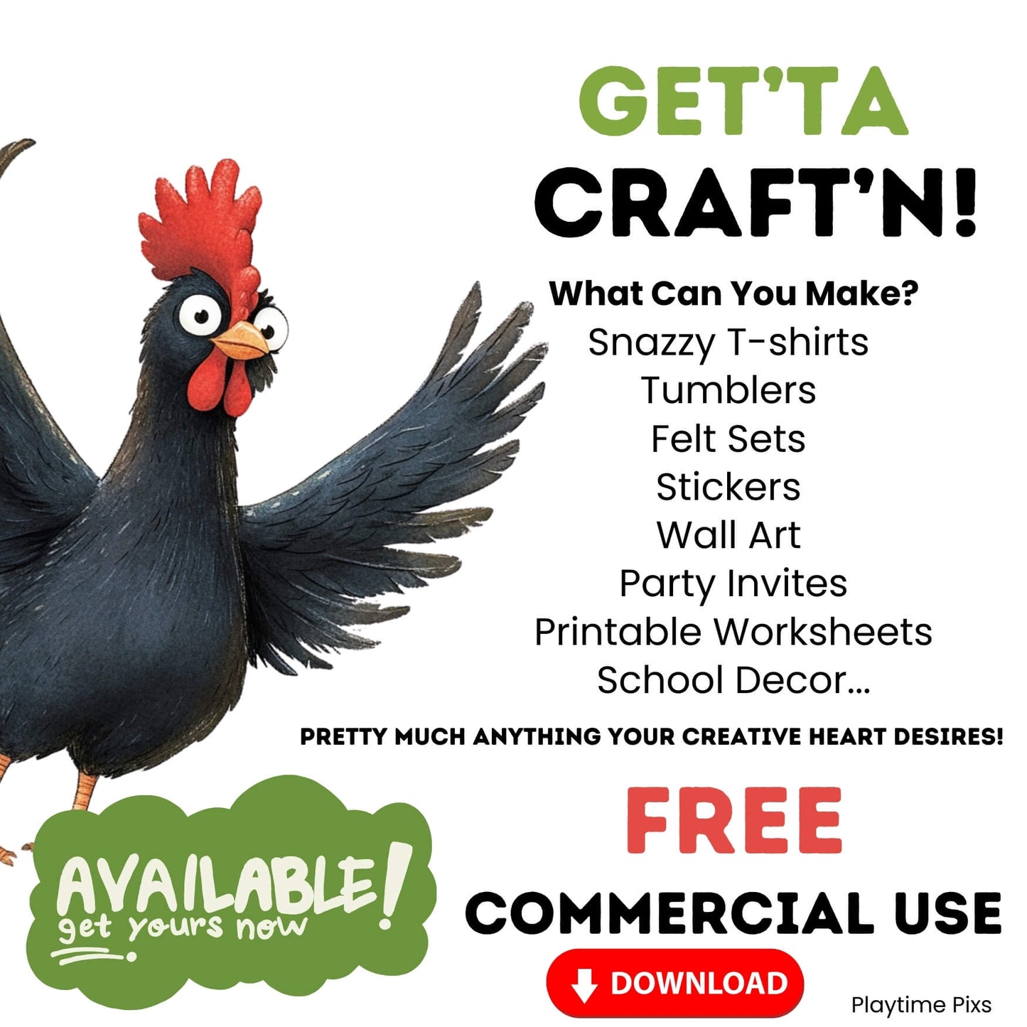Promotional graphic with a cartoon rooster and text about customizable products and free commercial use.