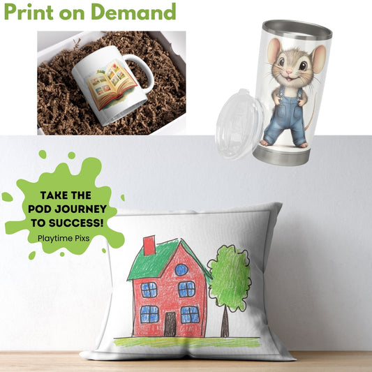 Promotional image with a mug, tumbler, and pillow featuring cartoon designs and text.