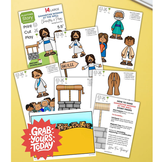 Educational printables for a story about a Samaritan woman at a well on a yellow background.