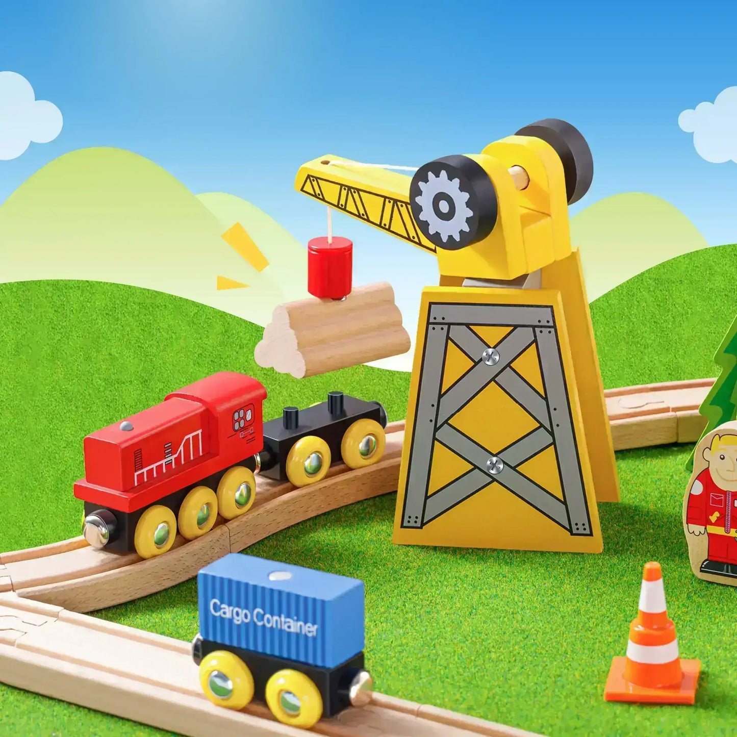 Wooden crane and cargo feature shown in action with magnetic lift