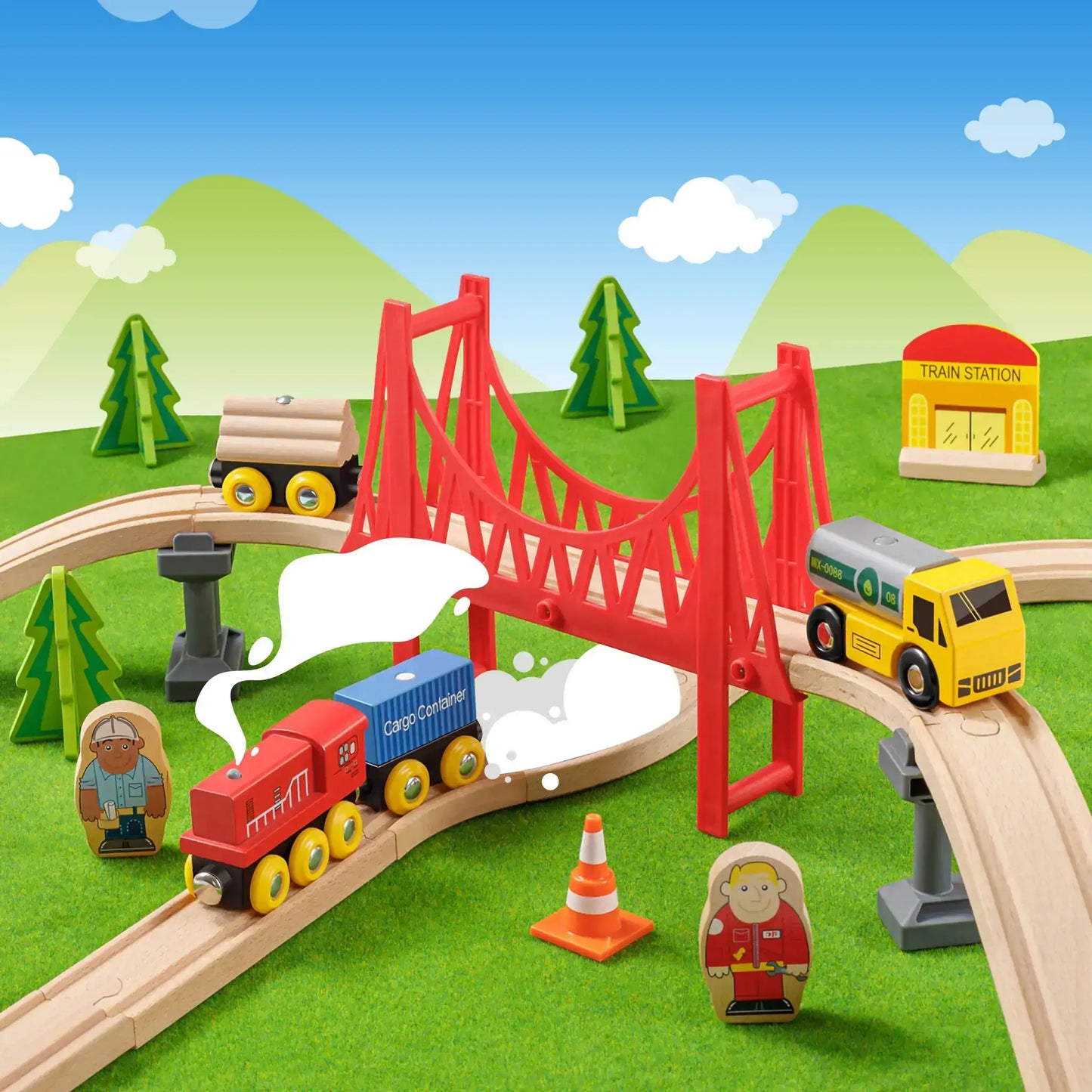 Top view of wooden train track layout with accessories and crane
