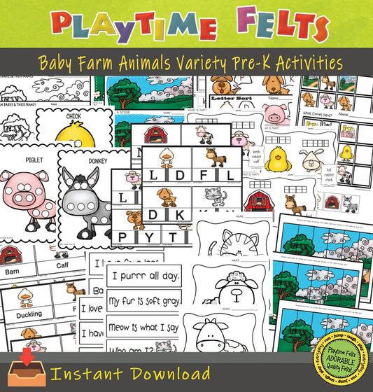 Baby Farm Animals Color, Trace, Cut & Paste Variety Pack 📥 INSTANT Download - Preschool Activity Sheets Playtime Felts