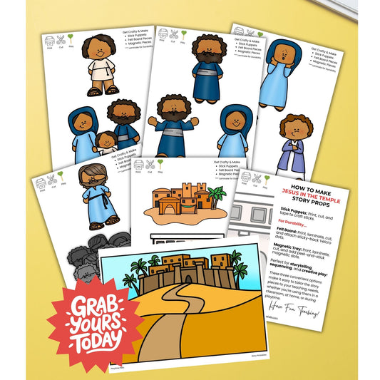 Educational materials with illustrations of people and a castle on a yellow background