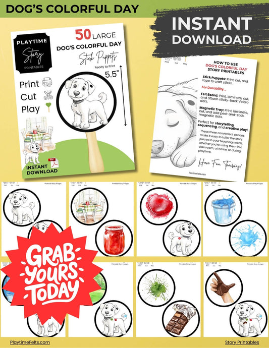 Complete set of printable characters and objects from Dog’s Colorful Day, ideal for preschool learning and story sequencing.