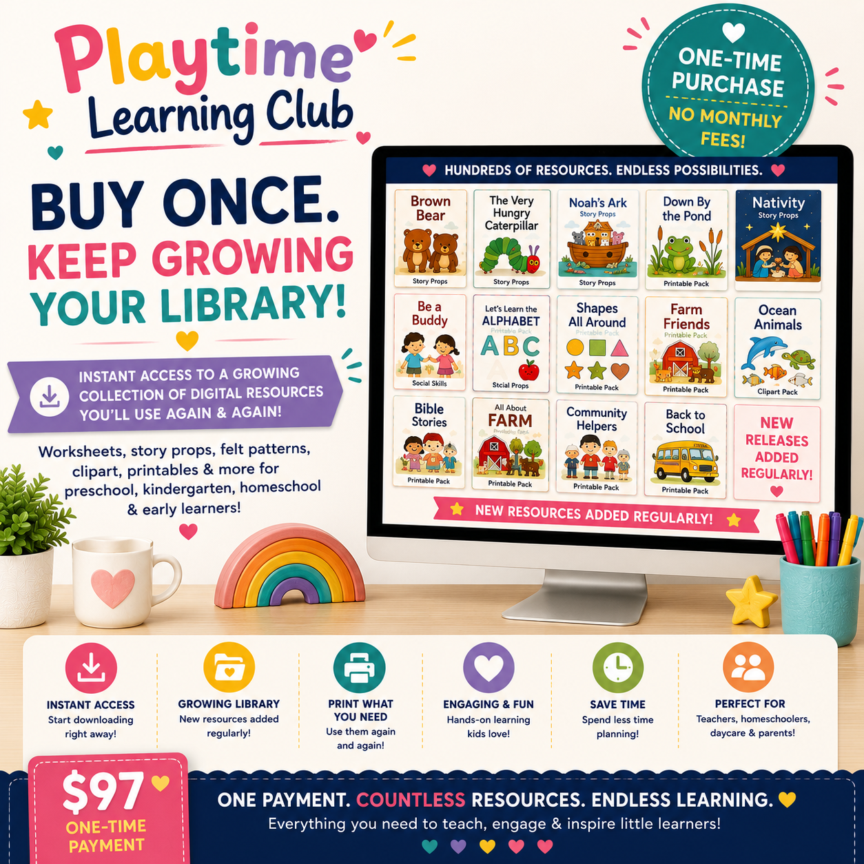 Playtime Learning Club digital resource library with printable worksheets, story props, felt patterns, clipart, and educational resources for preschool teachers and homeschool families.