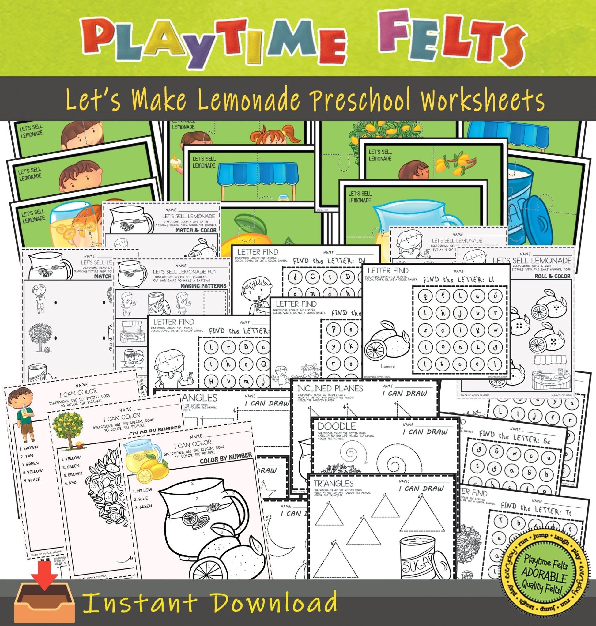 Let's Make Lemonade Preschool Printable Worksheets INSTANT 📥 Download - Preschool Activity Sheets Playtime Felts