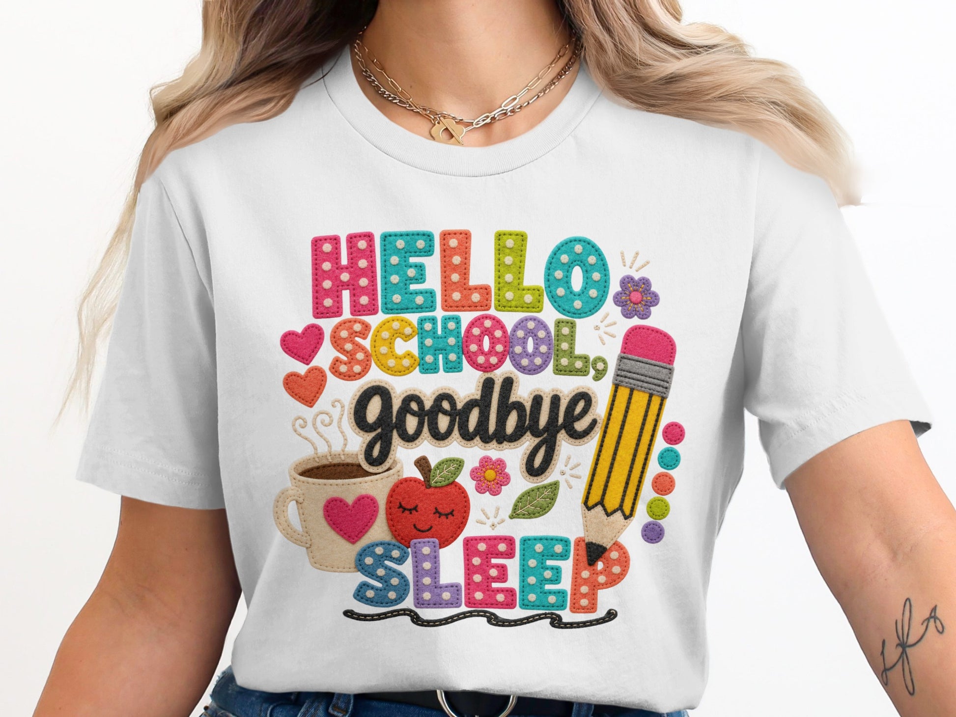 White t-shirt with "Hello School Goodbye Sleep" text and school-themed illustrations.