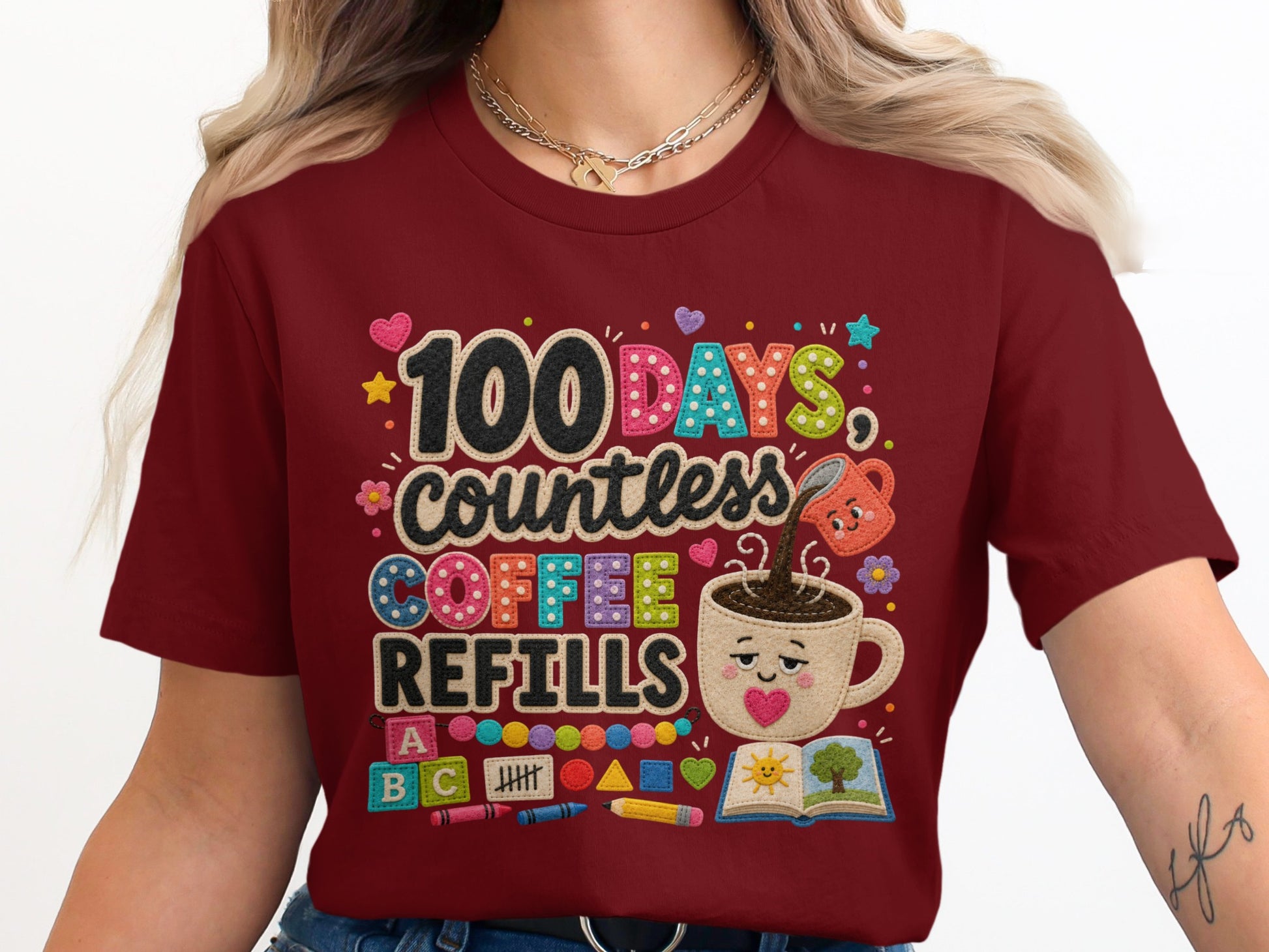 Maroon t-shirt graphic with text "100 DAYS countless COFFEE REFILLS" and school icons.