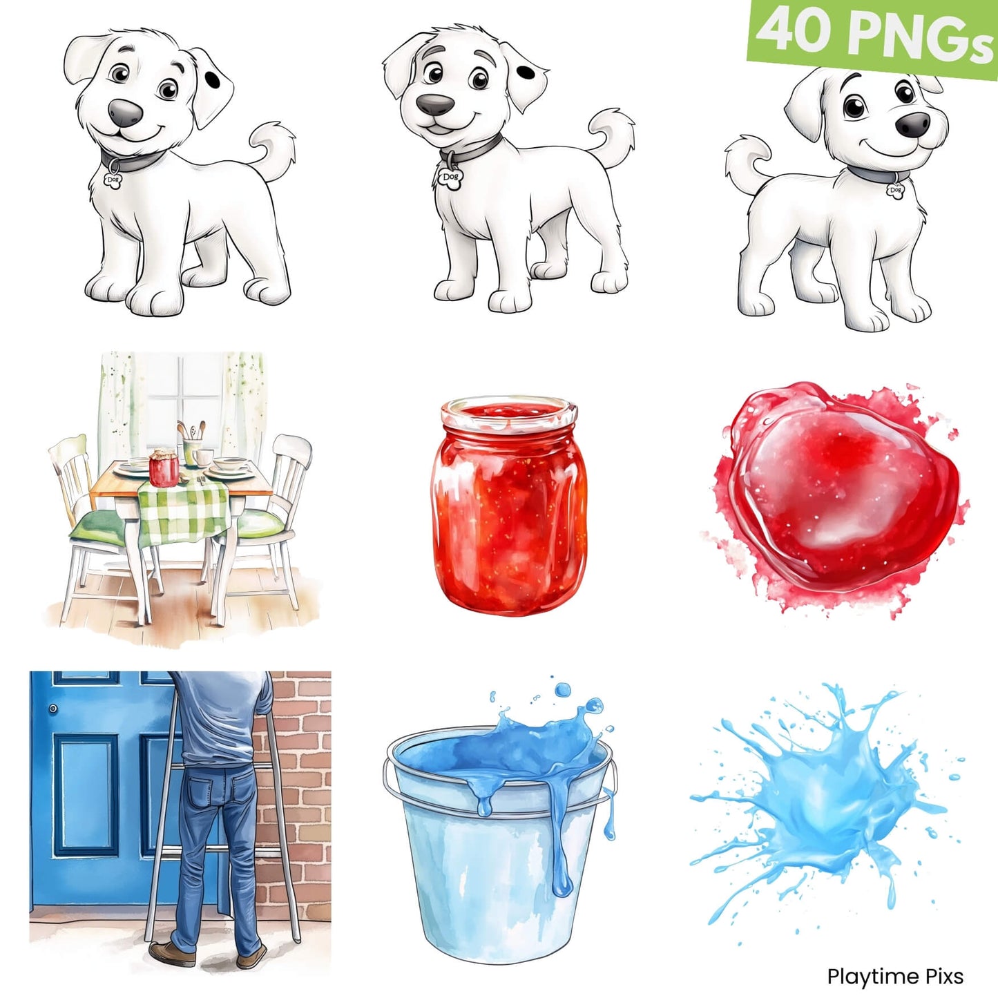 Set of illustrations including a dog, dining table scene, jar with red liquid, heart-shaped object, person with blue door, and buckets with water splashes.