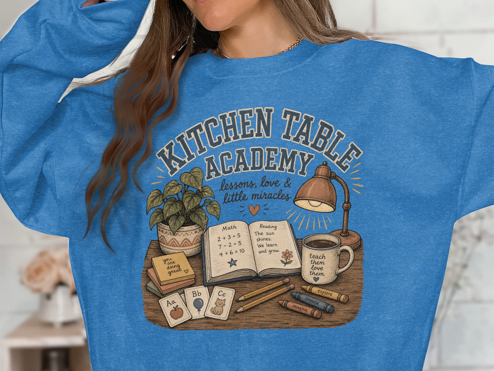 Kitchen Table Academy graphic with books, lessons, and school supplies.