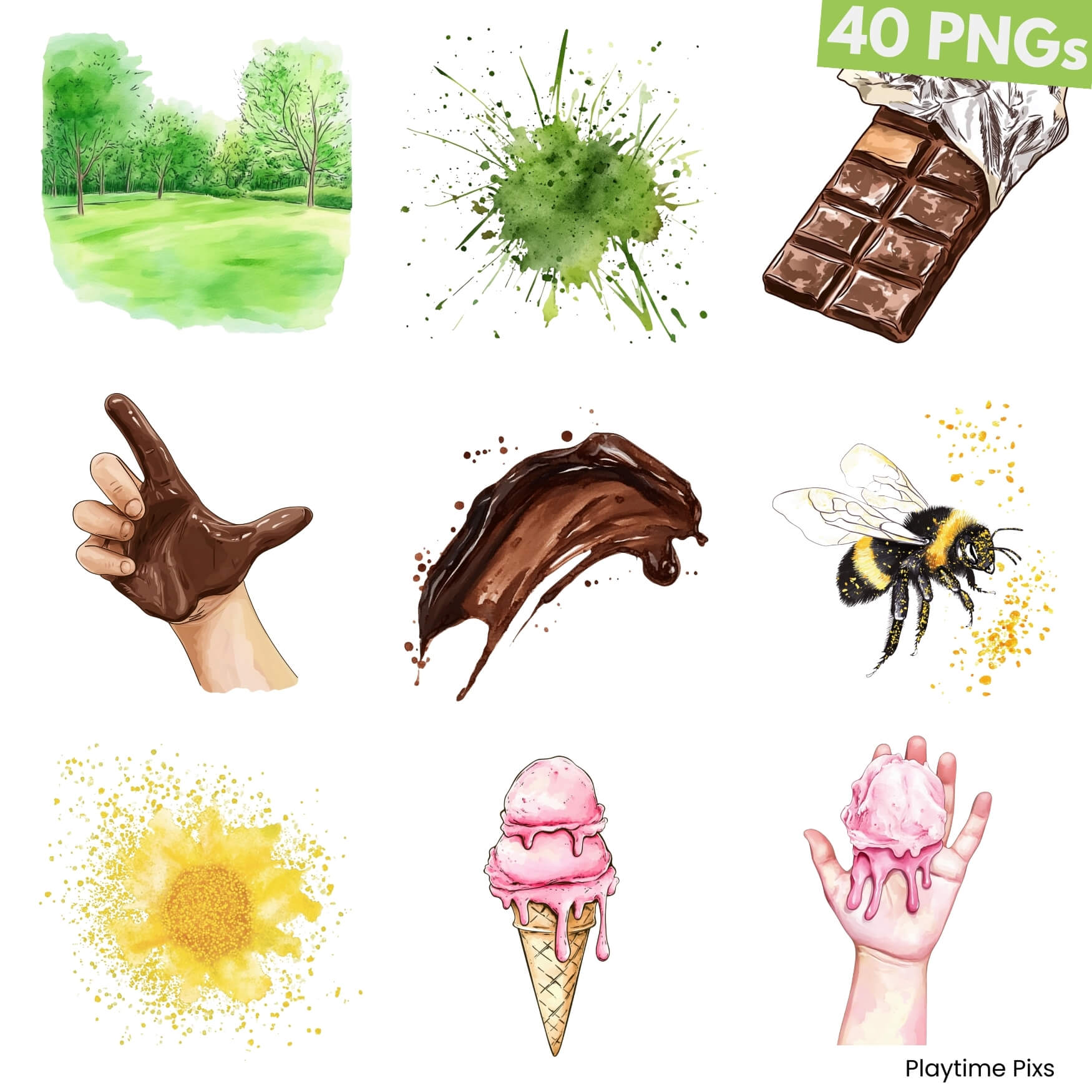 Collection of various illustrations including a park, splashes, chocolate, hands with ice cream, and a bee on a white background.