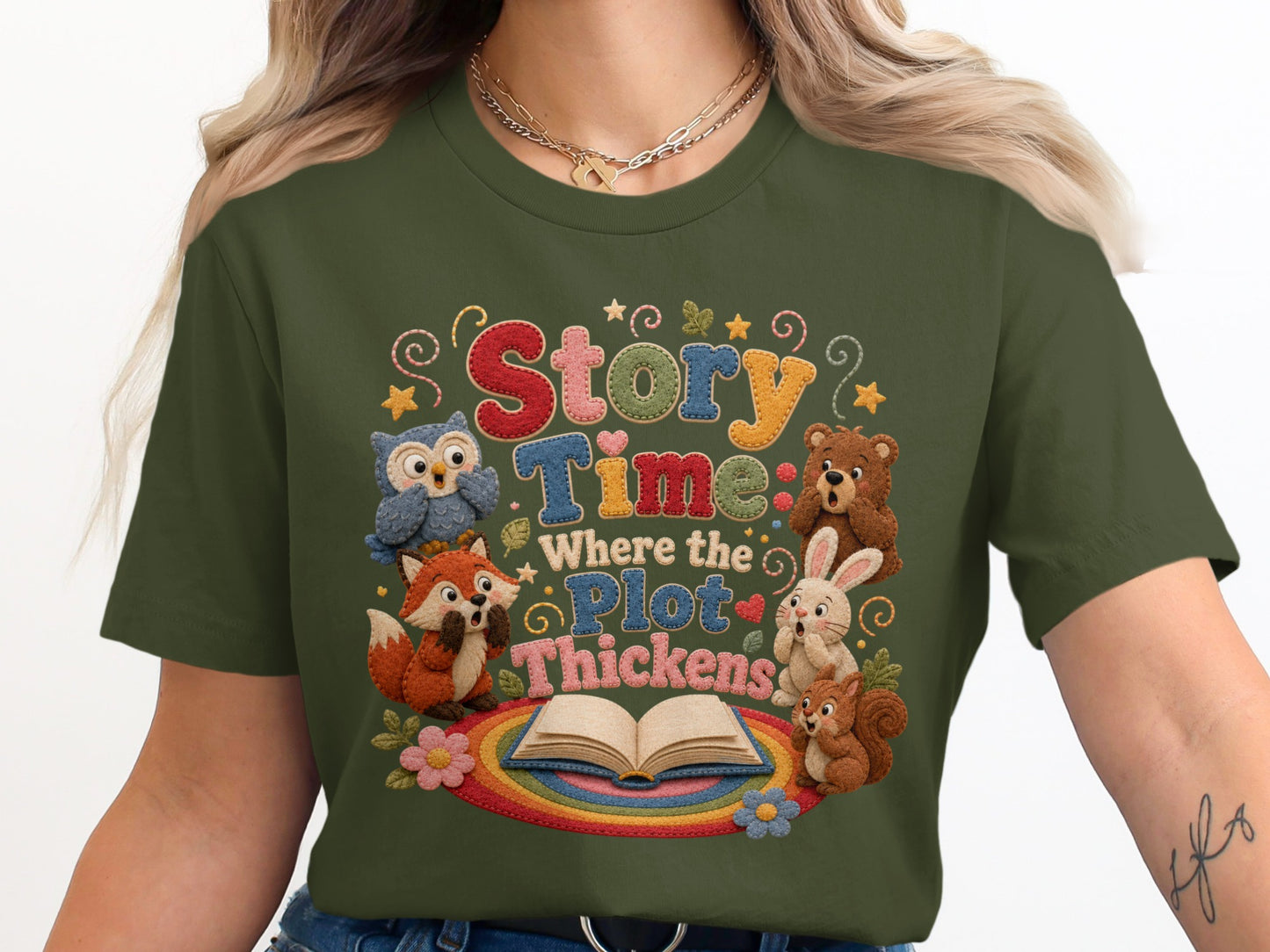 Story Time: Where the Plot Thickens embroidered graphic with woodland creatures and an open book.