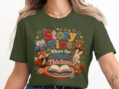 Story Time: Where the Plot Thickens embroidered graphic with woodland creatures and an open book.