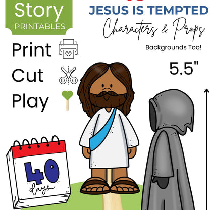 Illustration of a bible story character and a tempter with text about Playtime Story Printables.