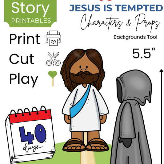 Illustration of a bible story character and a tempter with text about Playtime Story Printables.