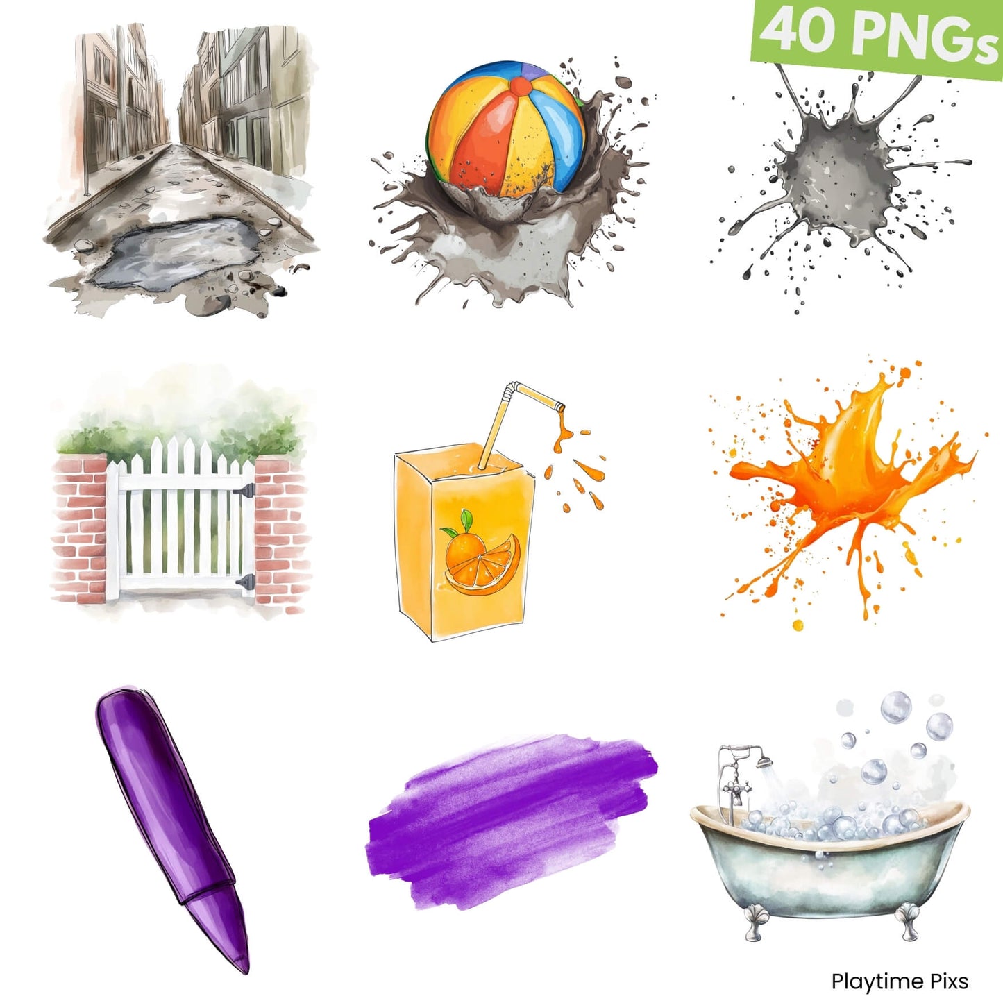 Collection of various illustrations including a ball, splashes, a fence, a juice box, a pen, and a bathtub on a white background.