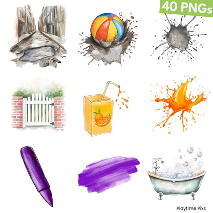 Collection of various illustrations including a ball, splashes, a fence, a juice box, a pen, and a bathtub on a white background.