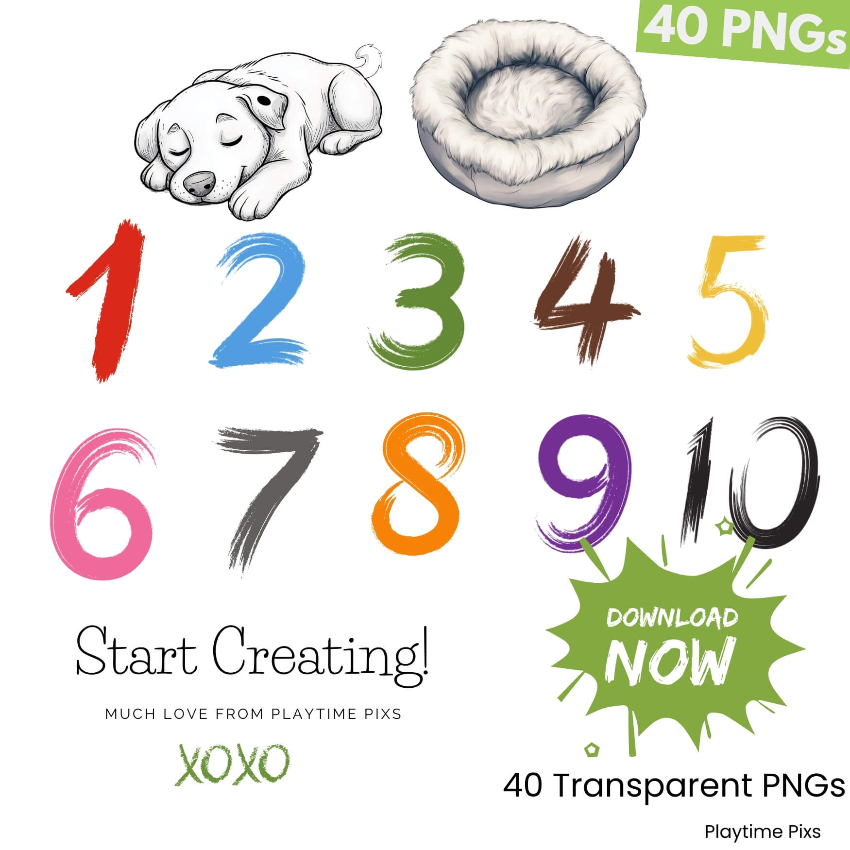 Set of colorful numbers 1 through 10 with a sleeping dog and pet bed illustration, labeled '40 PNGs' and 'Start Creating!'.
