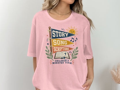 Children's Ministry Team t-shirt with Story, Song, Scripture flags and open Bible.
