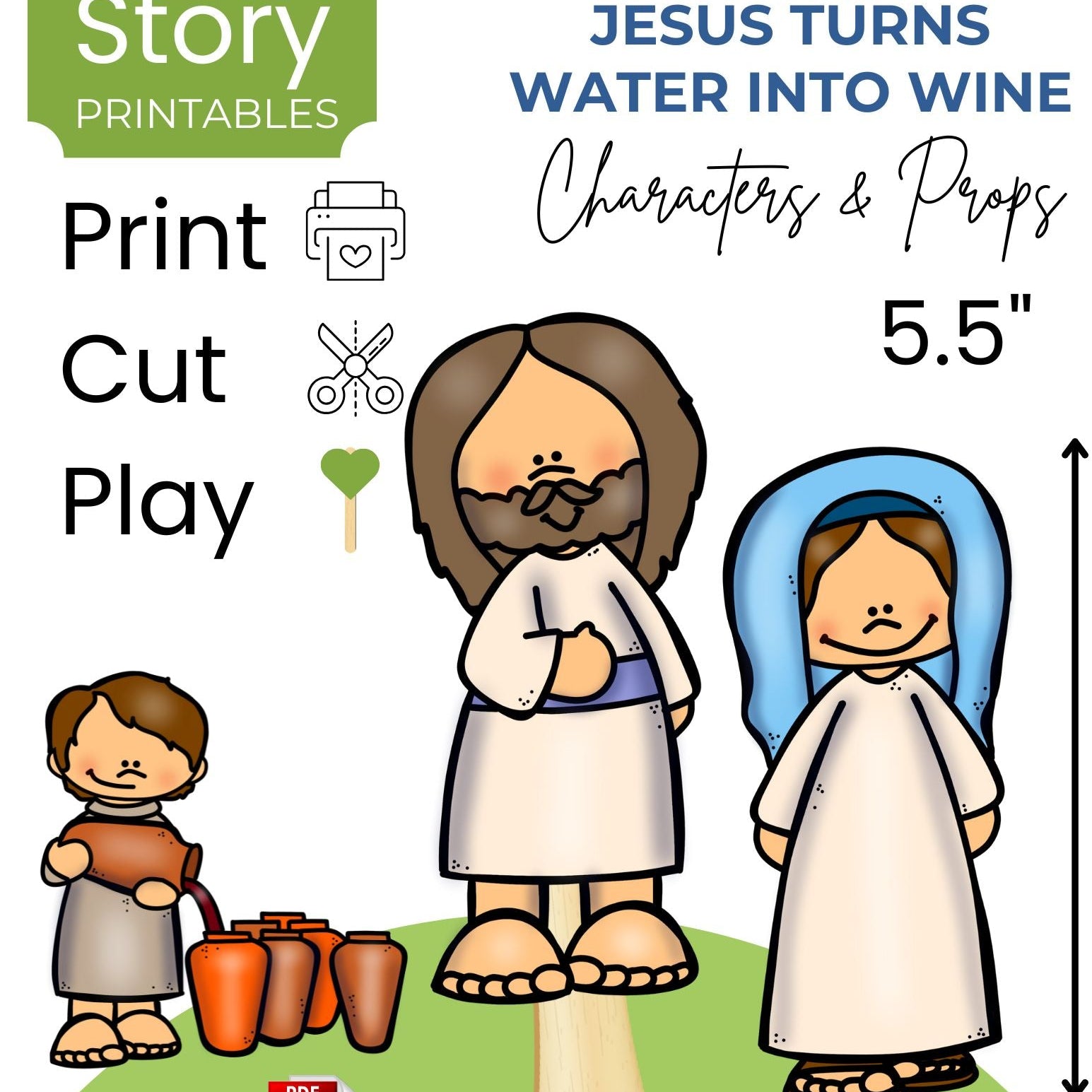 Illustrations of bible story characters from Jesus turns water into wine story with text about printables and props.