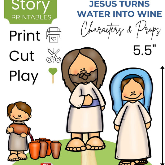Illustrations of bible story characters from Jesus turns water into wine story with text about printables and props.