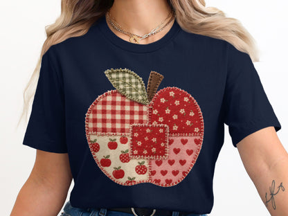 Navy t-shirt with a quilted patchwork apple graphic on the front.