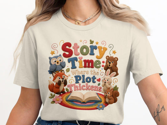 Story Time: Where the Plot Thickens graphic with animals around an open book.