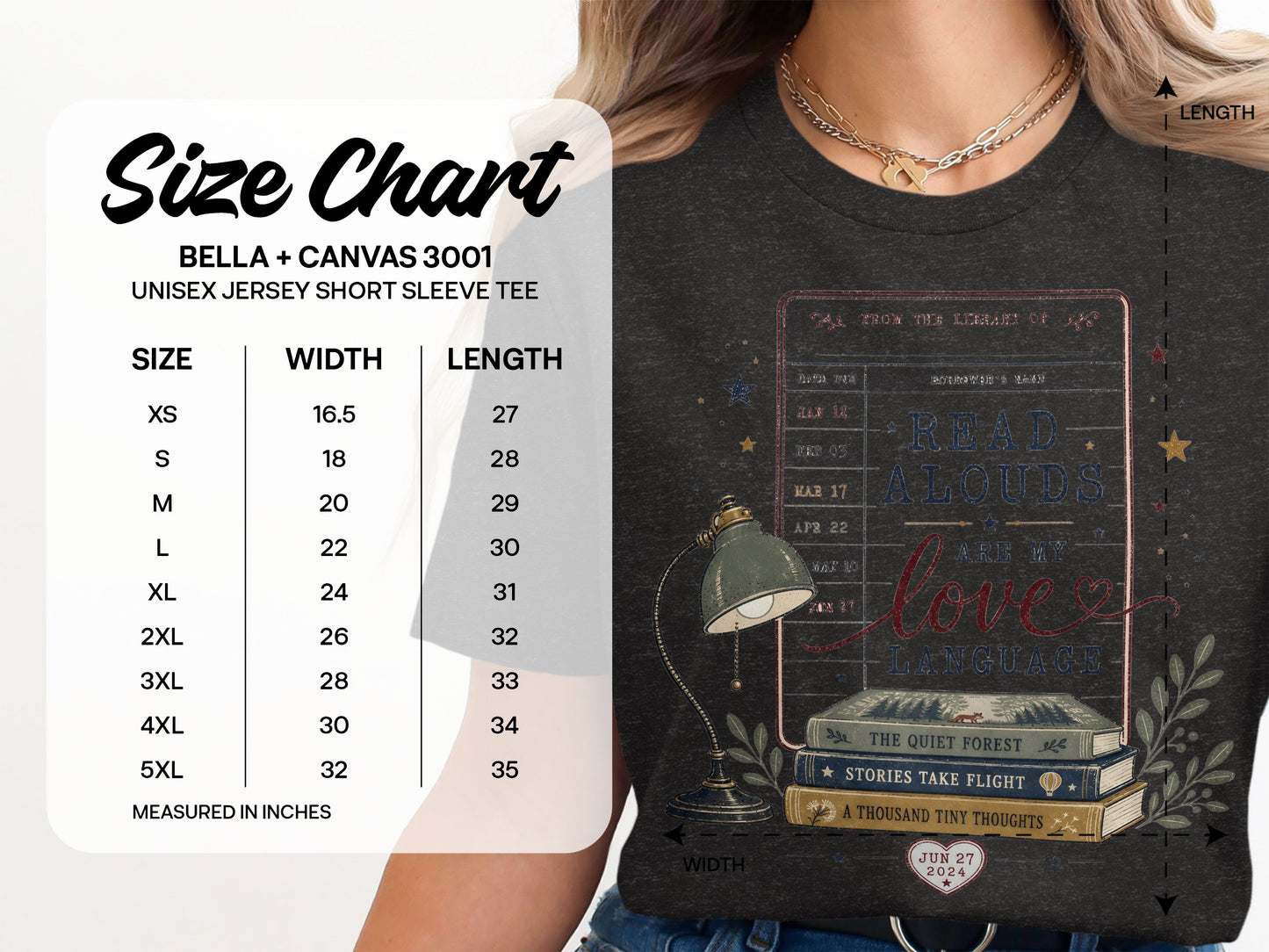 Bella + Canvas 3001 unisex tee size chart and graphic featuring books.