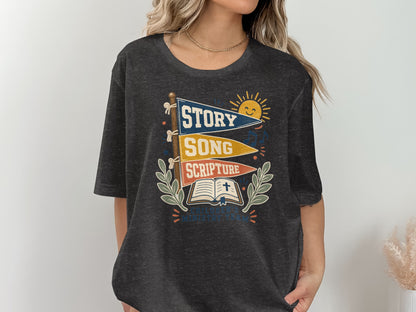 Dark t-shirt with "Story Song Scripture Children's Ministry Team" graphic.
