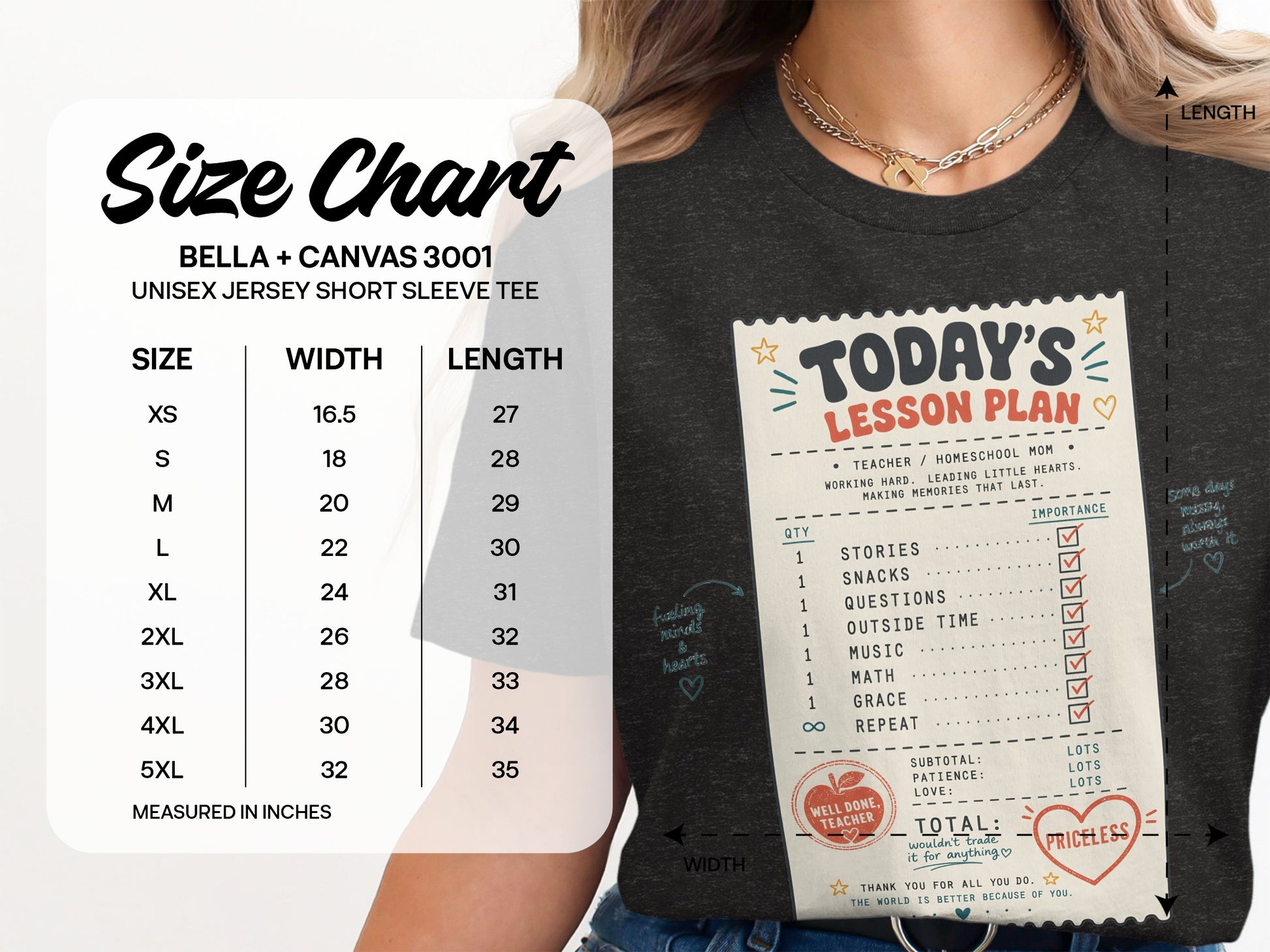 Unisex Bella + Canvas 3001 size chart with measurements and "Today's Lesson Plan" graphic.