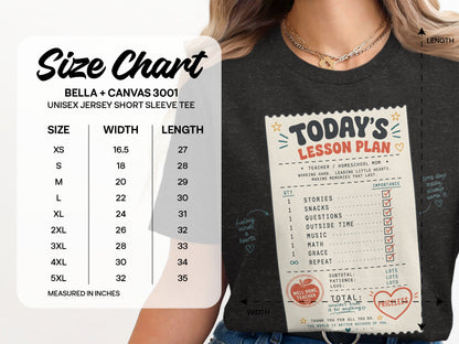 Unisex Bella + Canvas 3001 size chart with measurements and "Today's Lesson Plan" graphic.