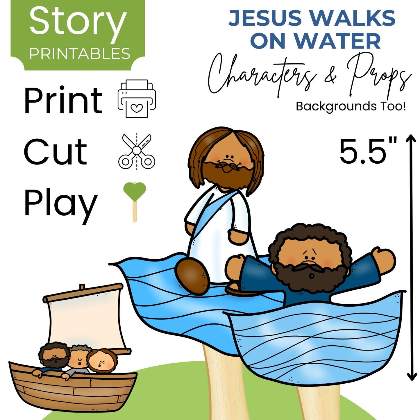 Playtime Story Printables packaging for 'Jesus Walks on Water' with illustrations of Jesus and disciples.