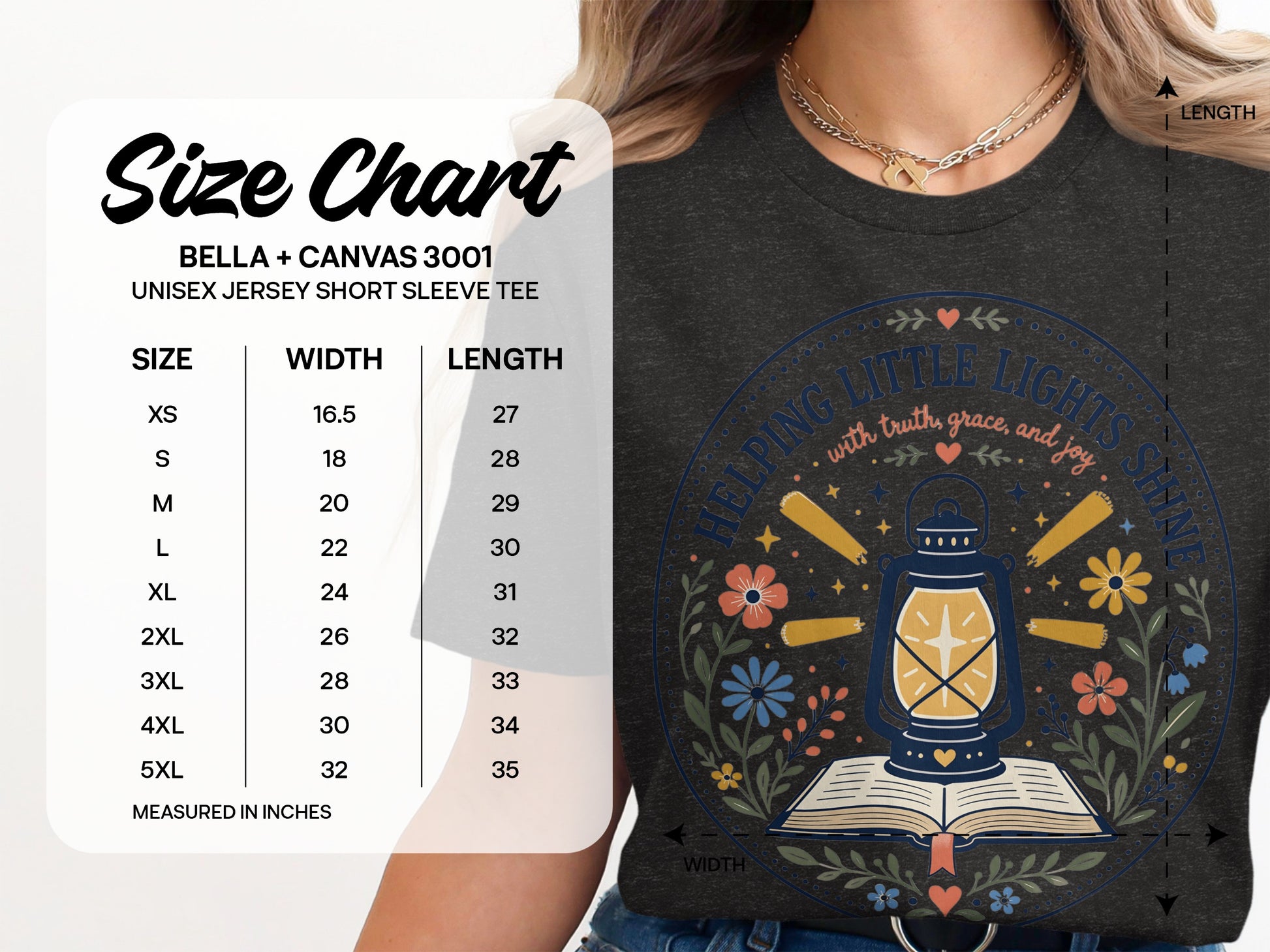 Bella + Canvas 3001 size chart for unisex jersey short sleeve tee.