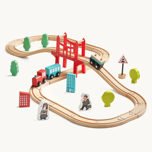 Complete 39-piece wooden train set with tracks, toy trains, and accessories