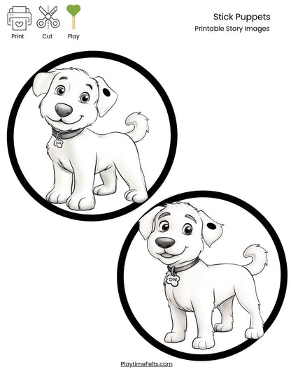 Storytelling printables showing Dog at the start of his adventure, featuring a clean pup ready for the day ahead.