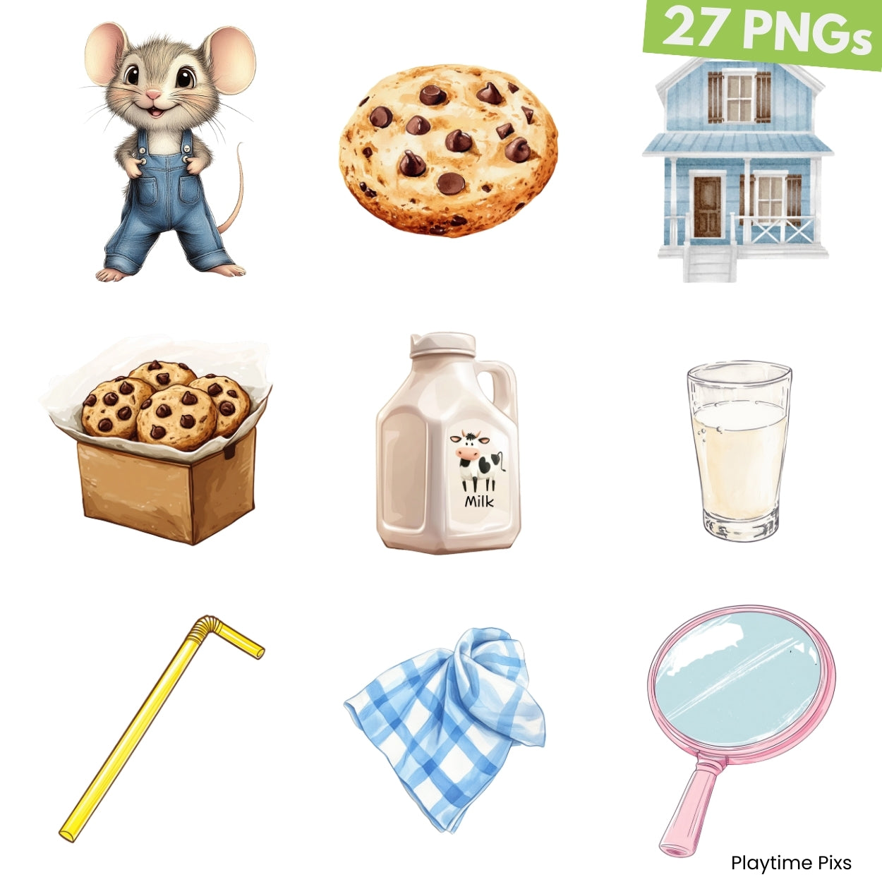 Set of illustrations including a mouse, cookie, milk carton, glass of milk, cookies in a box, straw, checkered towel, and magnifying glass on a white background.