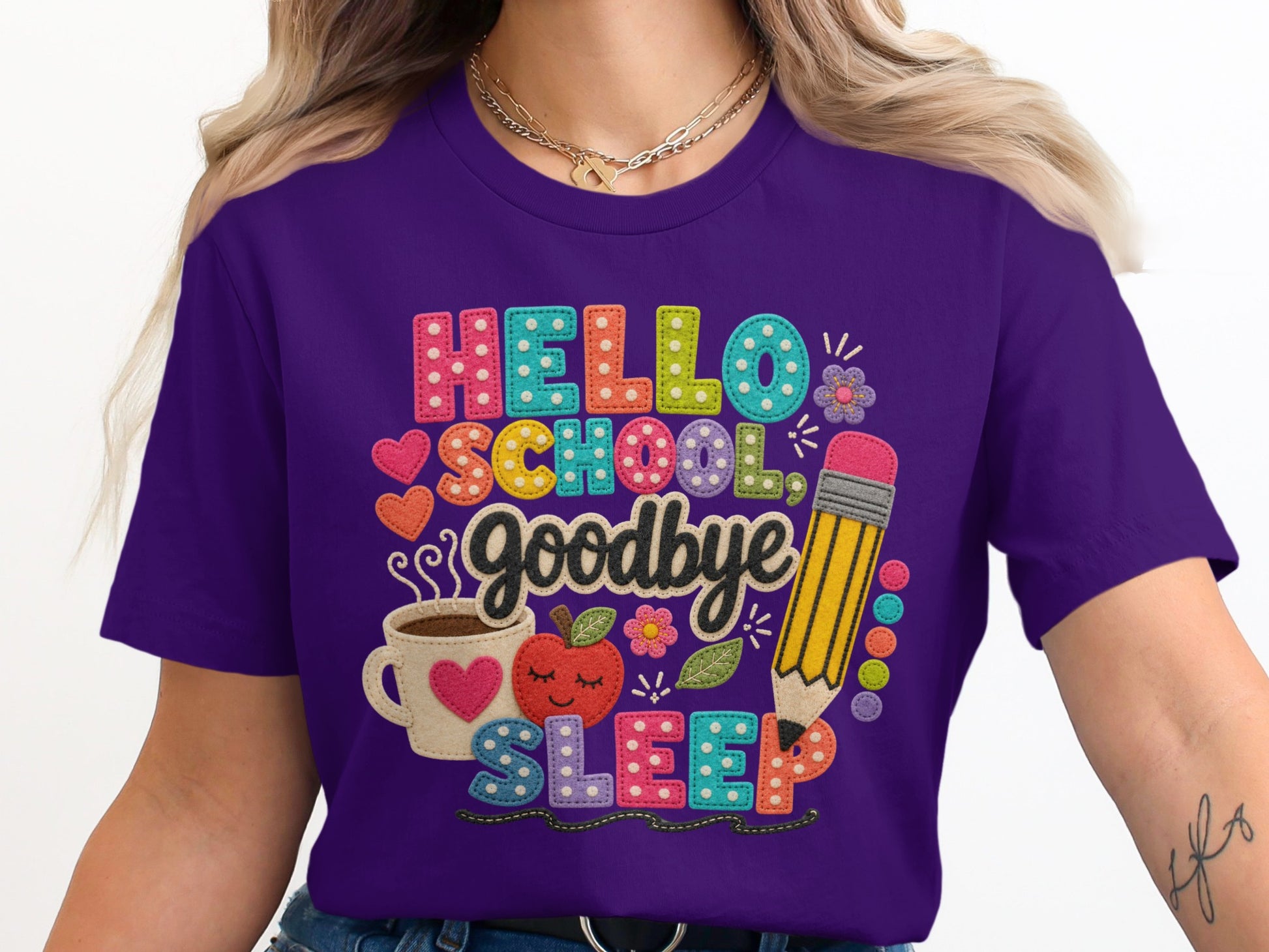 Purple t-shirt with "Hello School Goodbye Sleep" graphic and school supplies.
