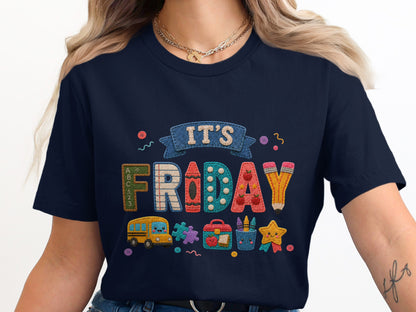 Navy t-shirt with "It's Friday" text and school-themed graphics.