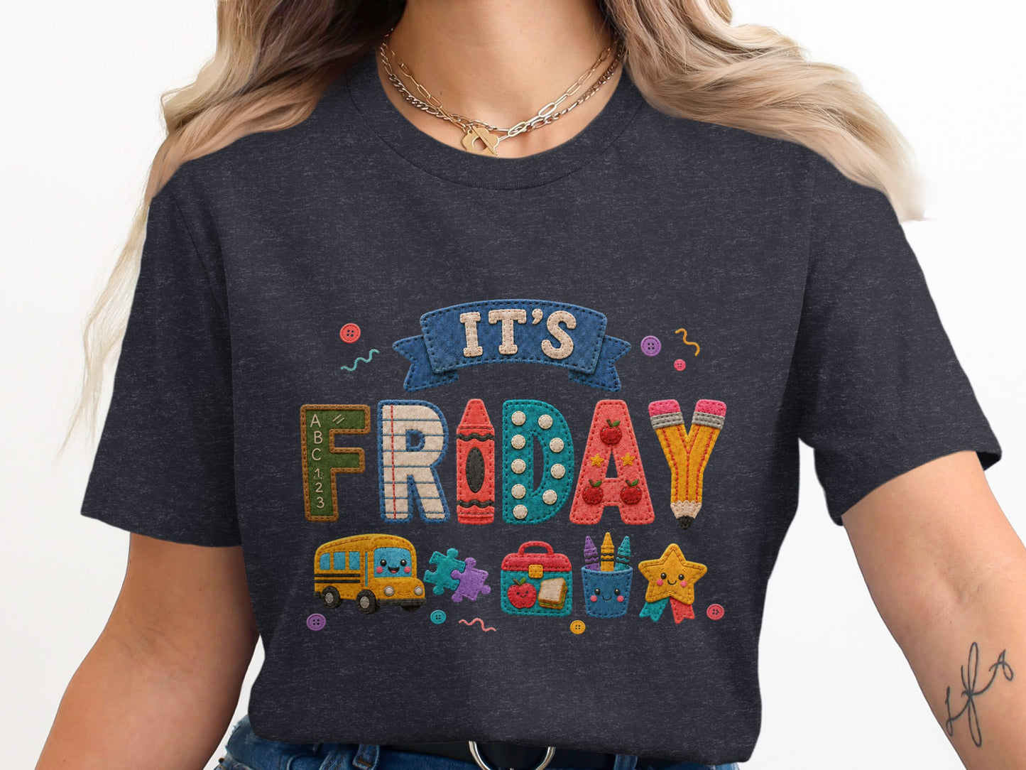 It's Friday graphic with school supplies like a bus, lunchbox, and crayons.