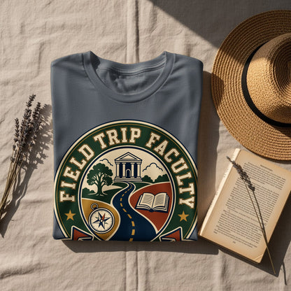 Blue t-shirt with "Field Trip Faculty" emblem featuring a road, book, compass, and building.