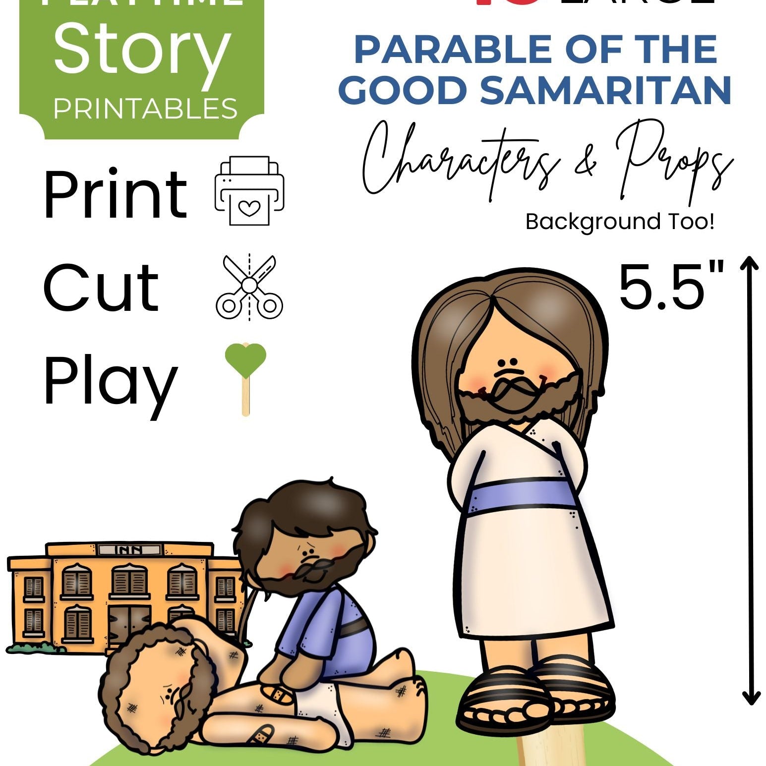 Cover of a book titled '15 Large Parable of the Good Samaritan Characters & Props Background Tool' with illustrations and text.