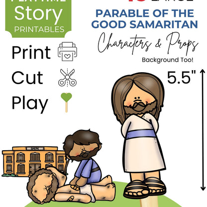 Cover of a book titled '15 Large Parable of the Good Samaritan Characters & Props Background Tool' with illustrations and text.