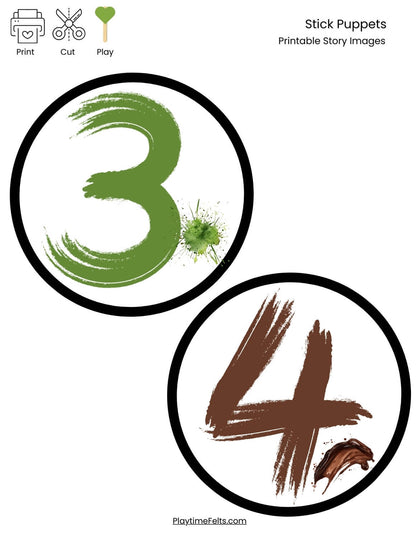 Storytelling printables showing number sequence (3 & 4) of what Dog encounters. Complete set of printable characters and objects from Dog’s Colorful Day.