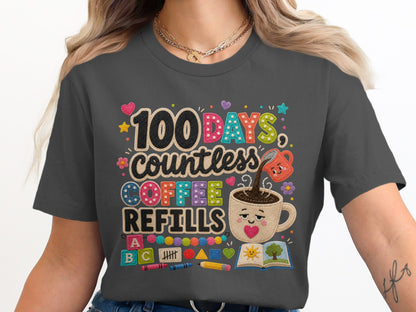 100 Days, Countless Coffee Refills text with cute coffee mug, ABC blocks, and school supplies.
