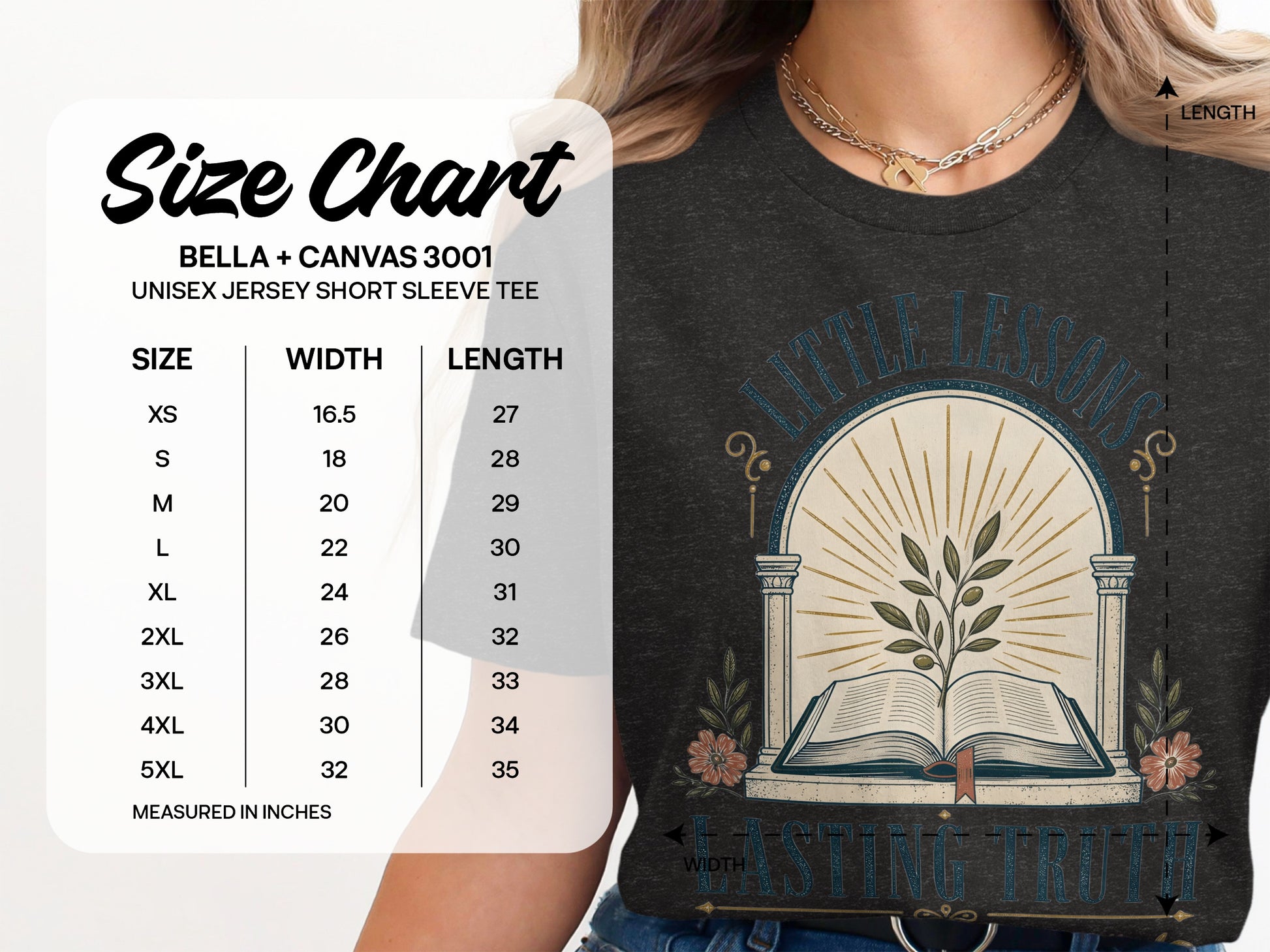 Size chart for Bella + Canvas 3001 Unisex Jersey Short Sleeve Tee.