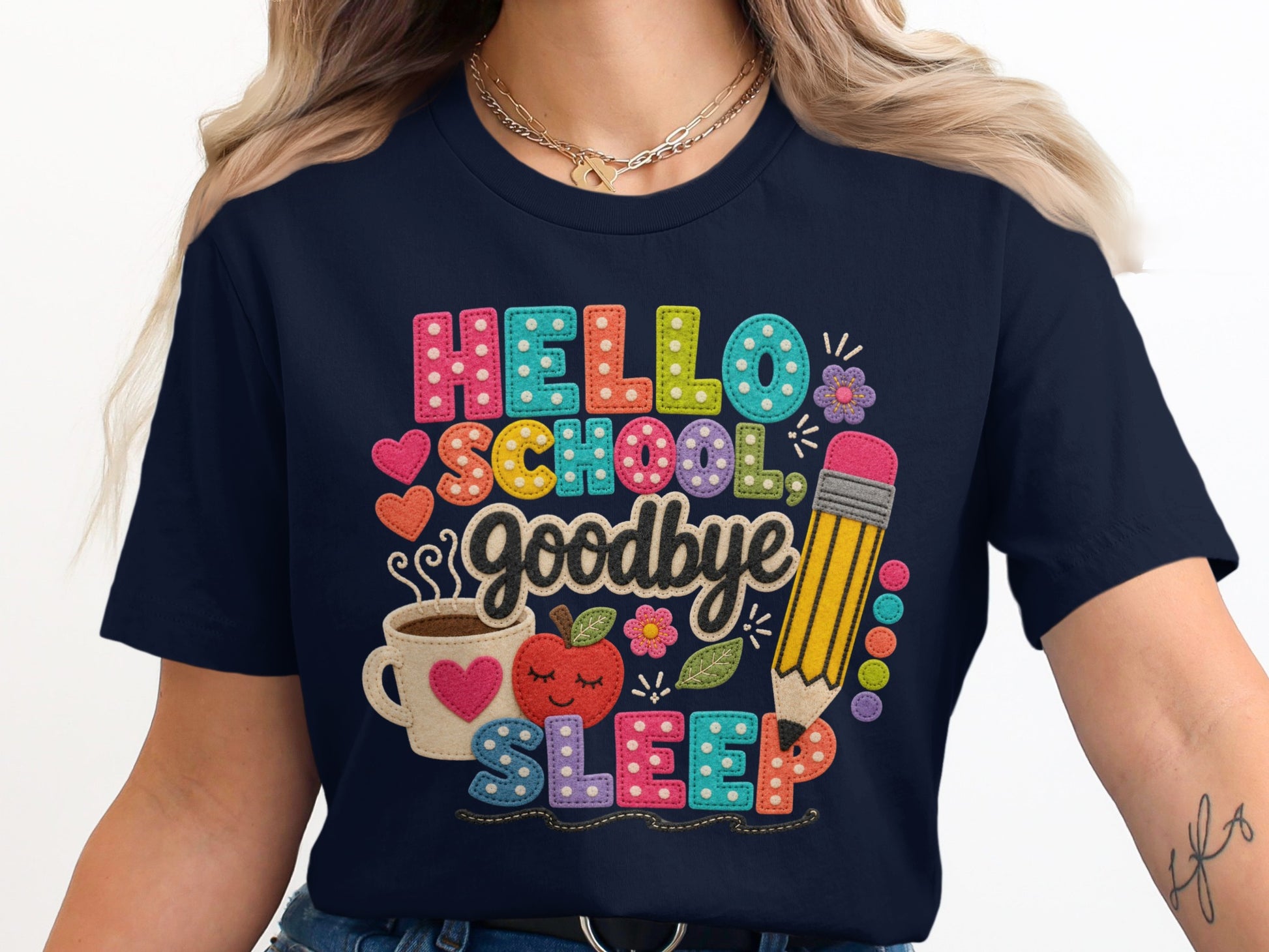 Navy t-shirt with "Hello School Goodbye Sleep" text and illustrations